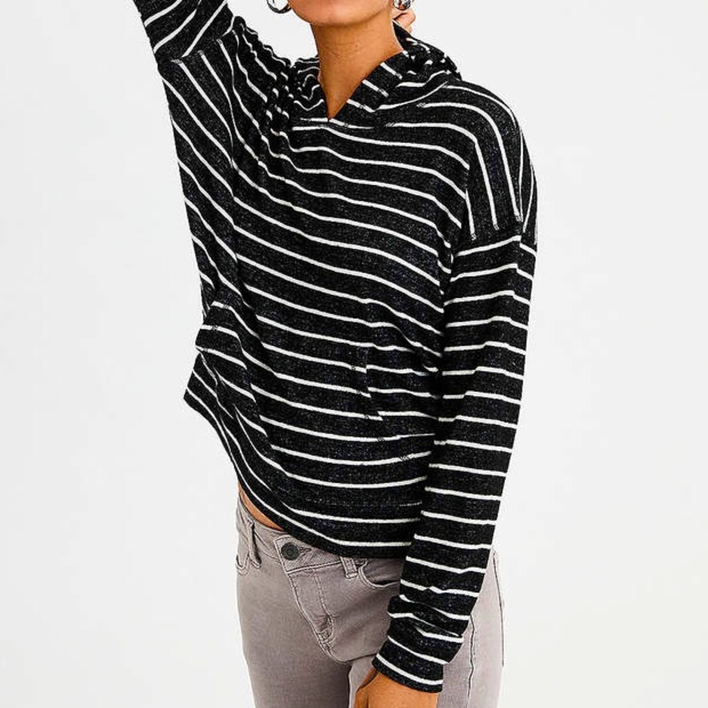 AMERICAN EAGLE Black & White Striped Soft & Sexy Plush Hoodie Cropped Length